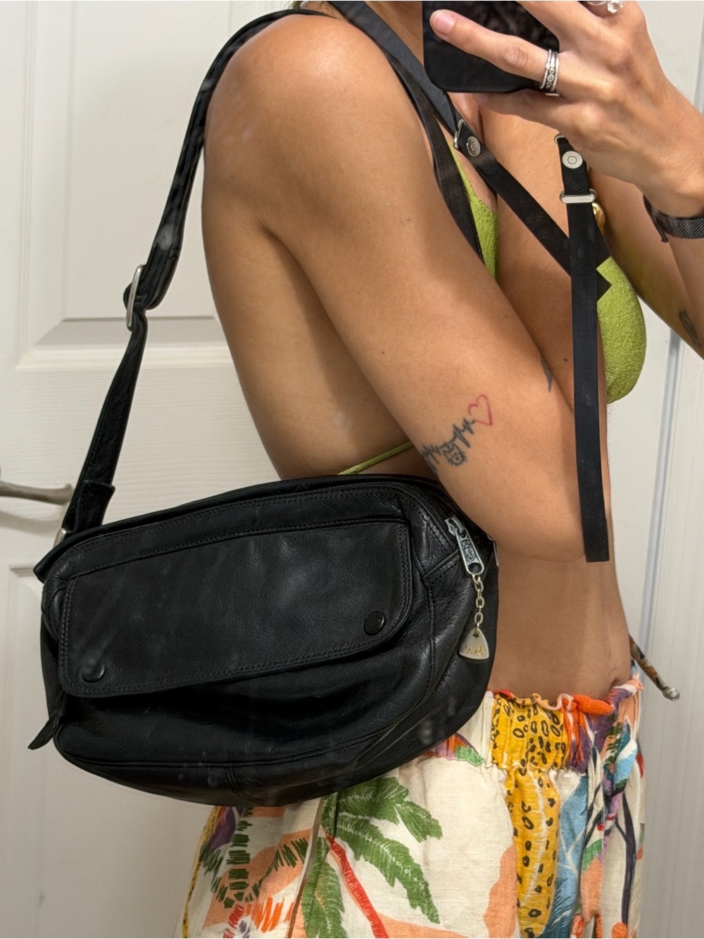 Black Leather Shoulder Bag with Front Flap